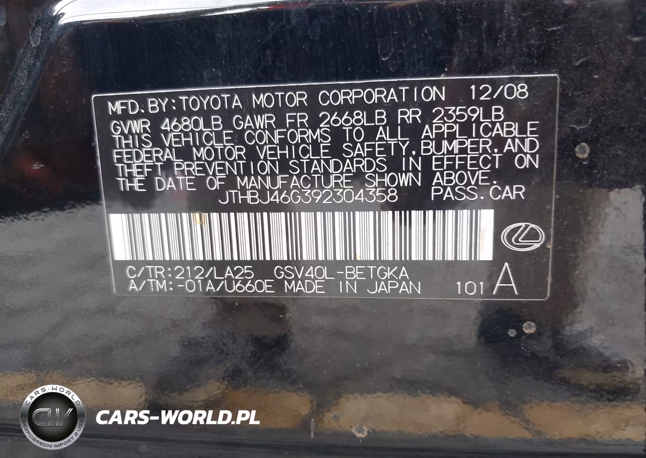 2009 Lexus Es 350 VIN:JTHBJ46G392304358 - 9