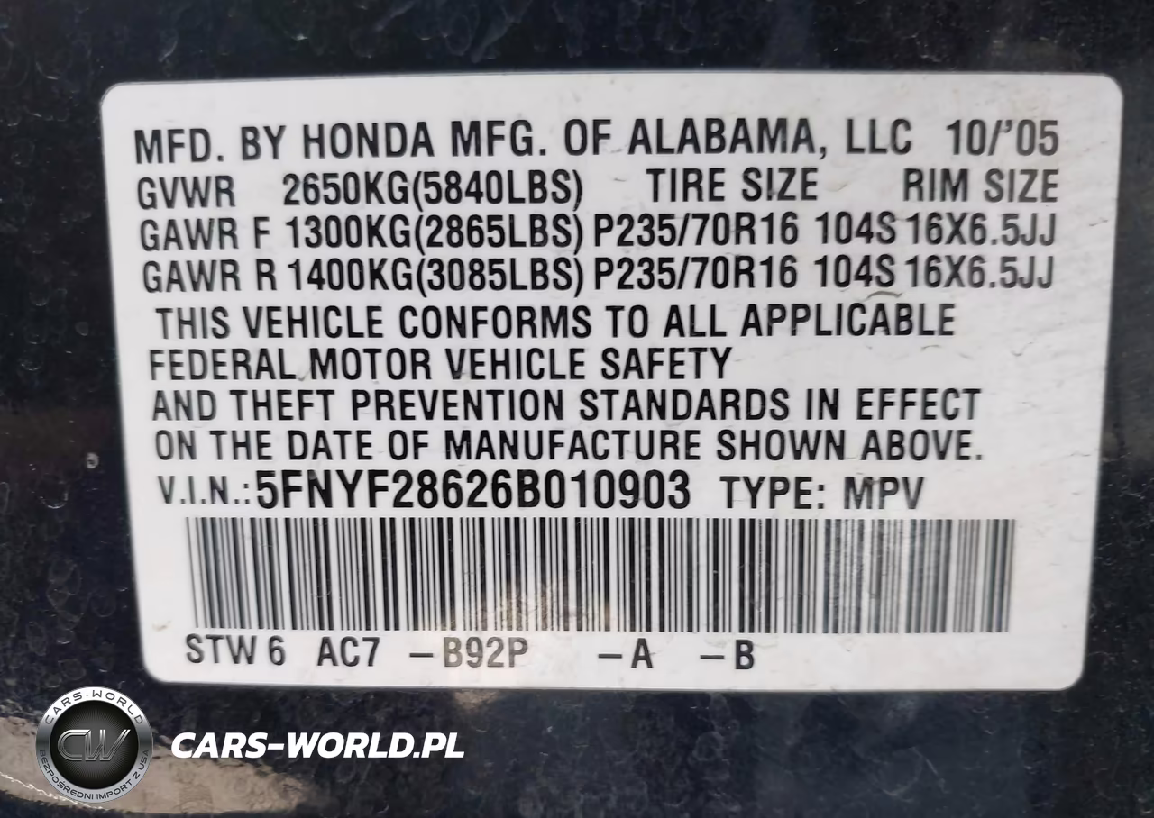 2006 Honda Pilot Ex-L VIN:5FNYF28626B010903 - 9