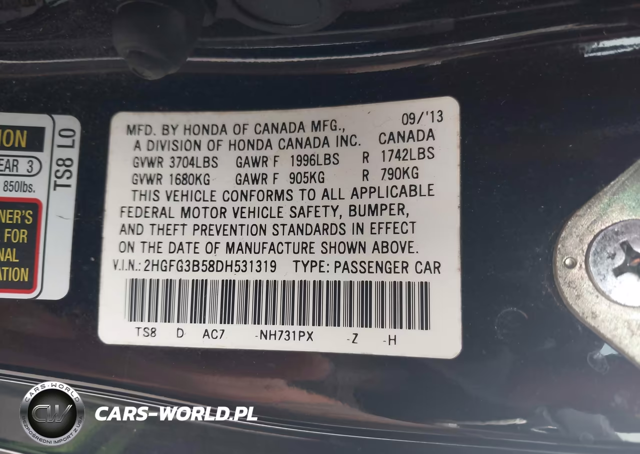 2013 Honda Civic Lx VIN:2HGFG3B58DH531319 - 9