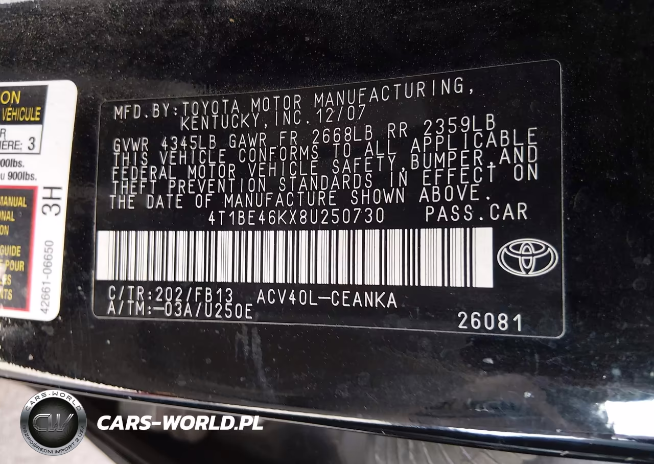 2008 Toyota Camry Le VIN:4T1BE46KX8U250730 - 9