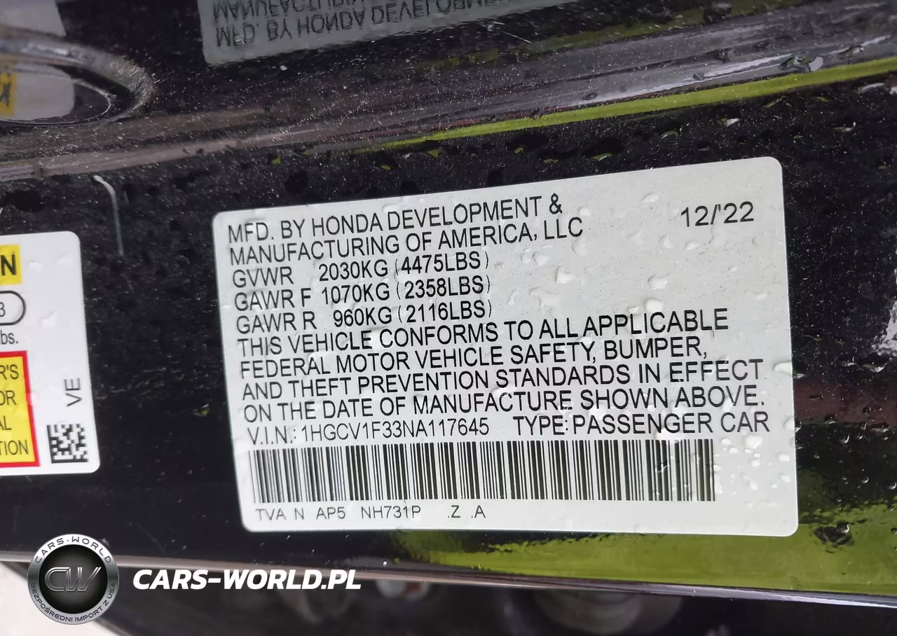2022 Honda Accord Sport VIN:1HGCV1F33NA117645 - 9