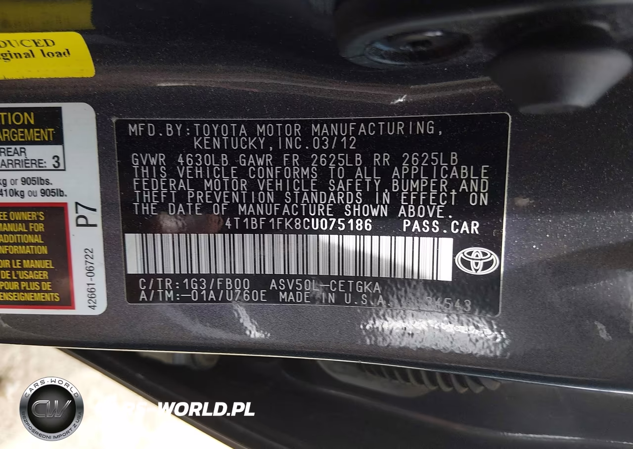 2012 Toyota Camry Xle VIN:4T1BF1FK8CU075186 - 9