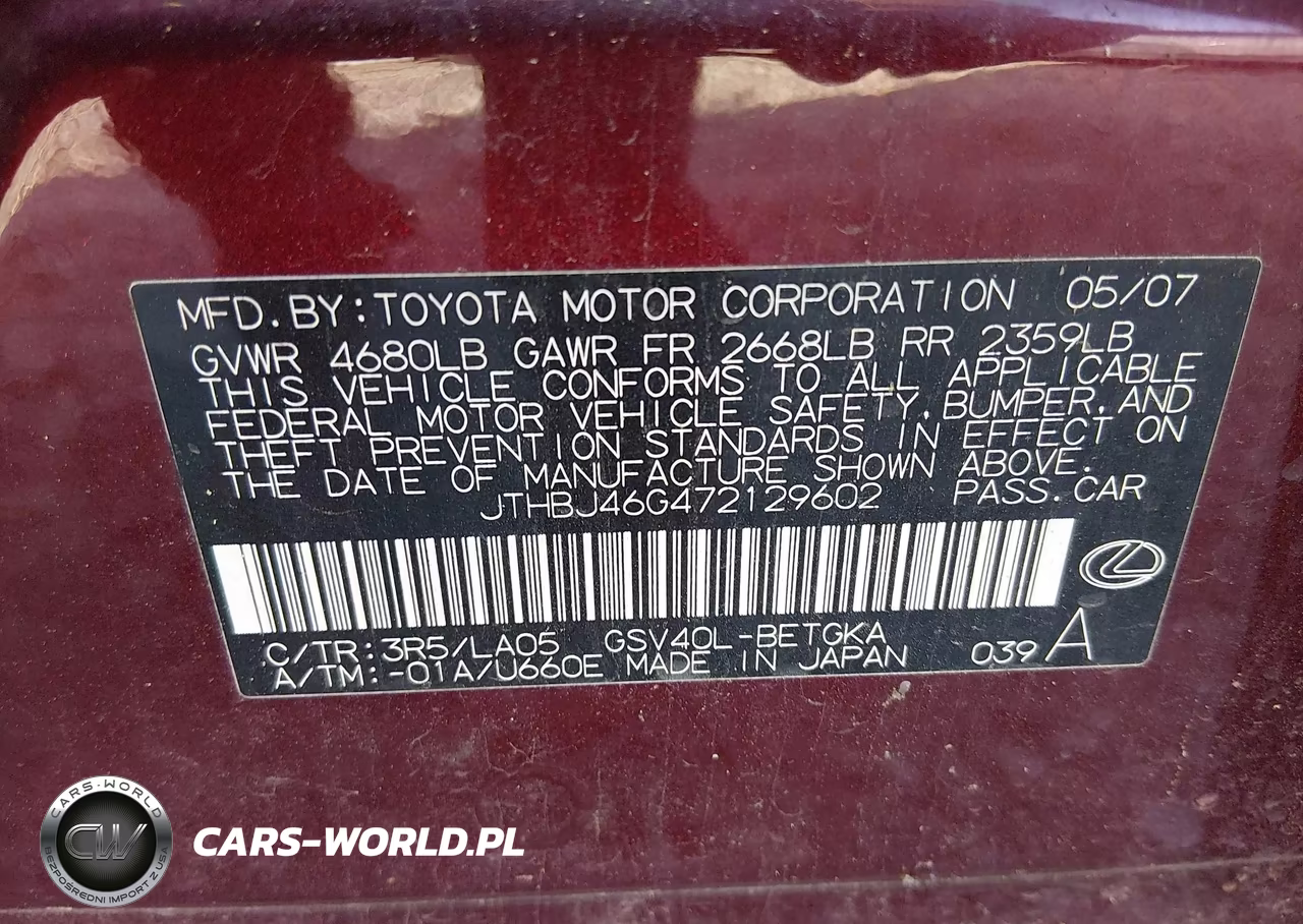 2007 Lexus Es 350 VIN:JTHBJ46G472129602 - 9