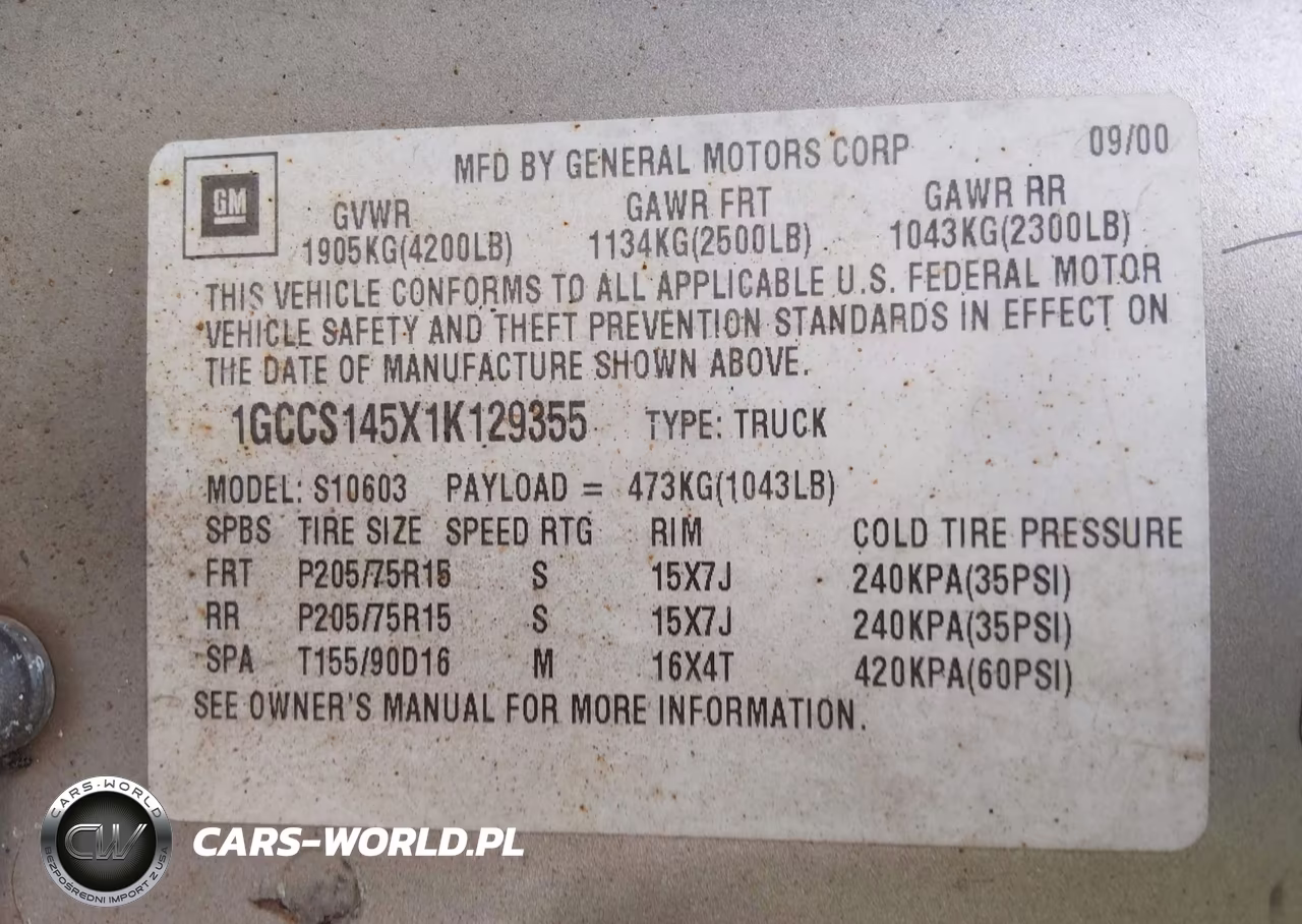 2001 Chevrolet S-10 Ls VIN:1GCCS145X1K129355 - 9