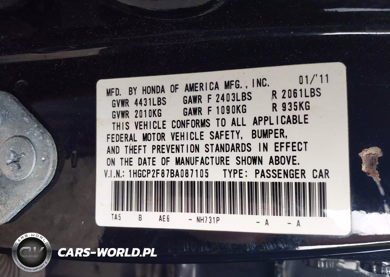 2011 Honda Accord 2.4 Ex-L VIN:1HGCP2F87BA087105 - 9