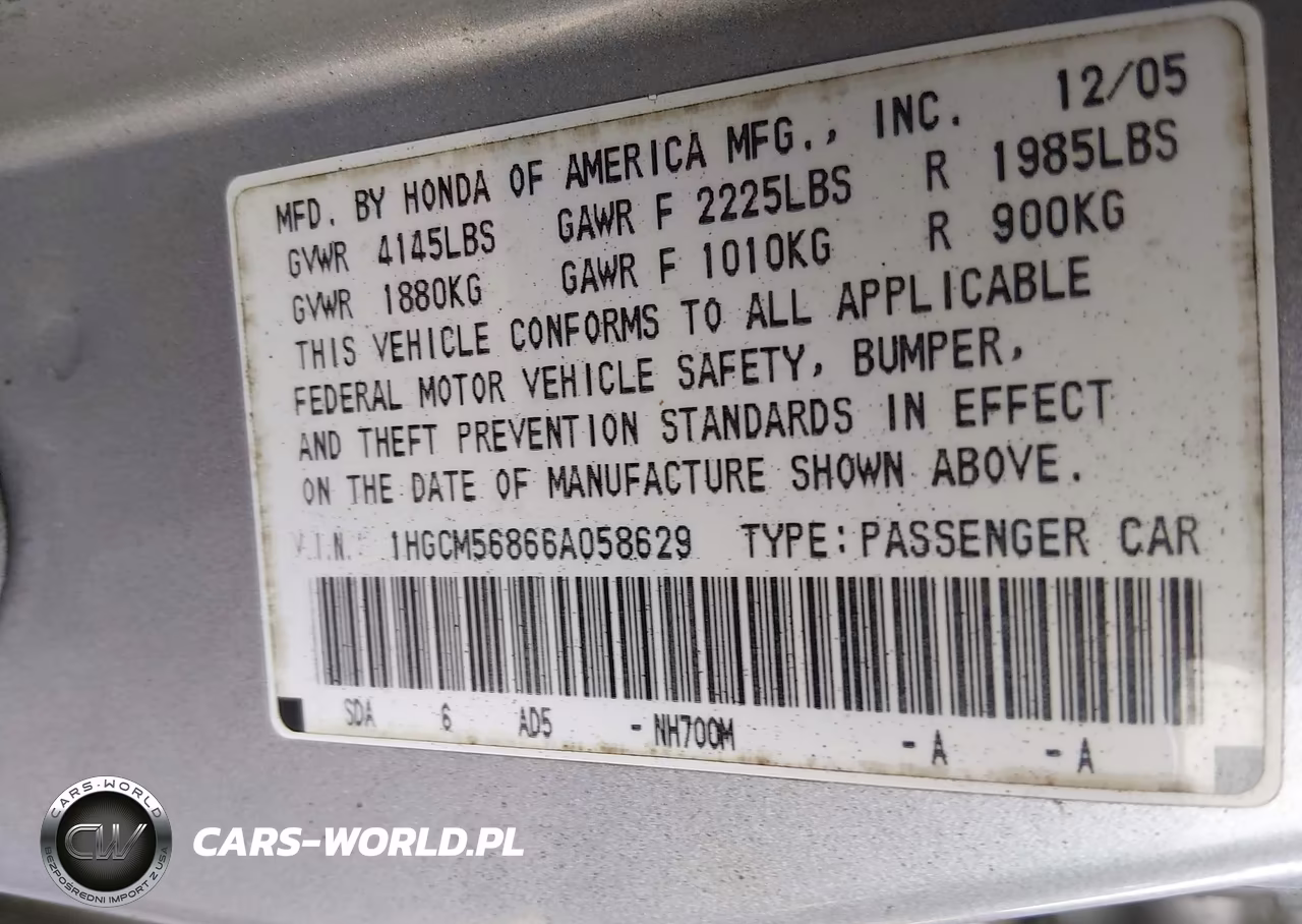 2006 Honda Accord 2.4 Ex VIN:1HGCM56866A058629 - 9