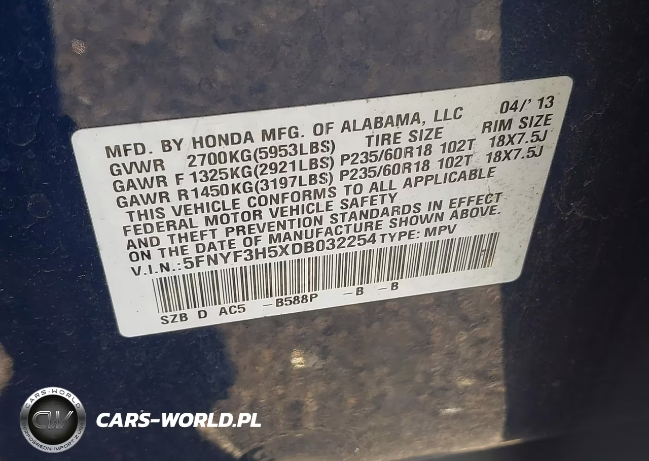 2013 Honda Pilot Ex-L VIN:5FNYF3H5XDB032254 - 9