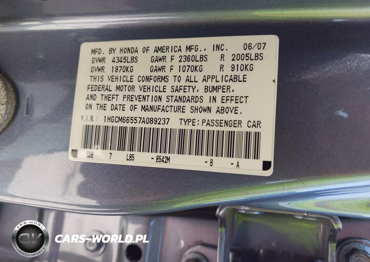 2007 Honda Accord 3.0 Ex VIN:1HGCM66557A089237 - 9