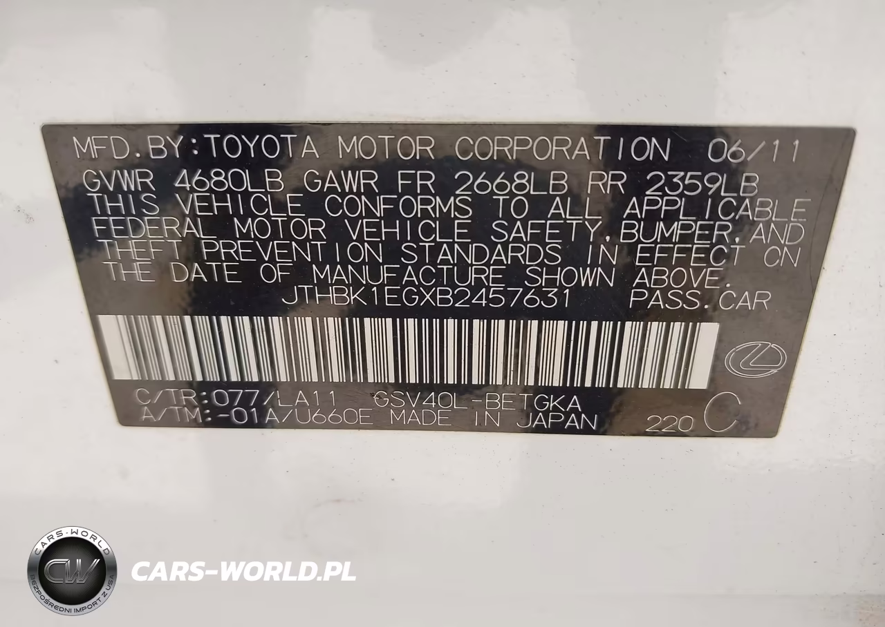 2011 Lexus Es 350 VIN:JTHBK1EGXB2457631 - 9