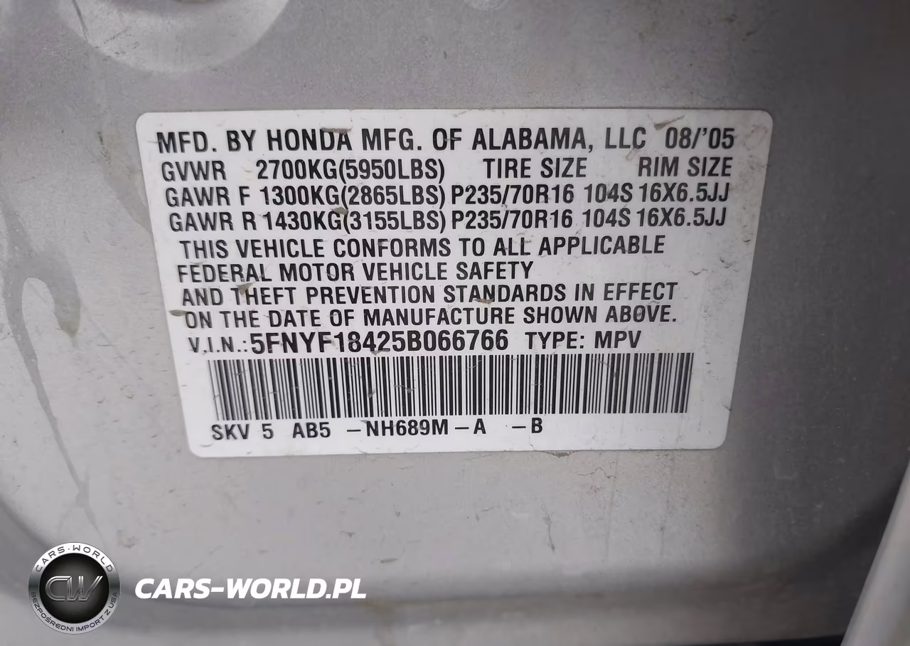 2005 Honda Pilot Ex VIN:5FNYF18425B066766 - 9