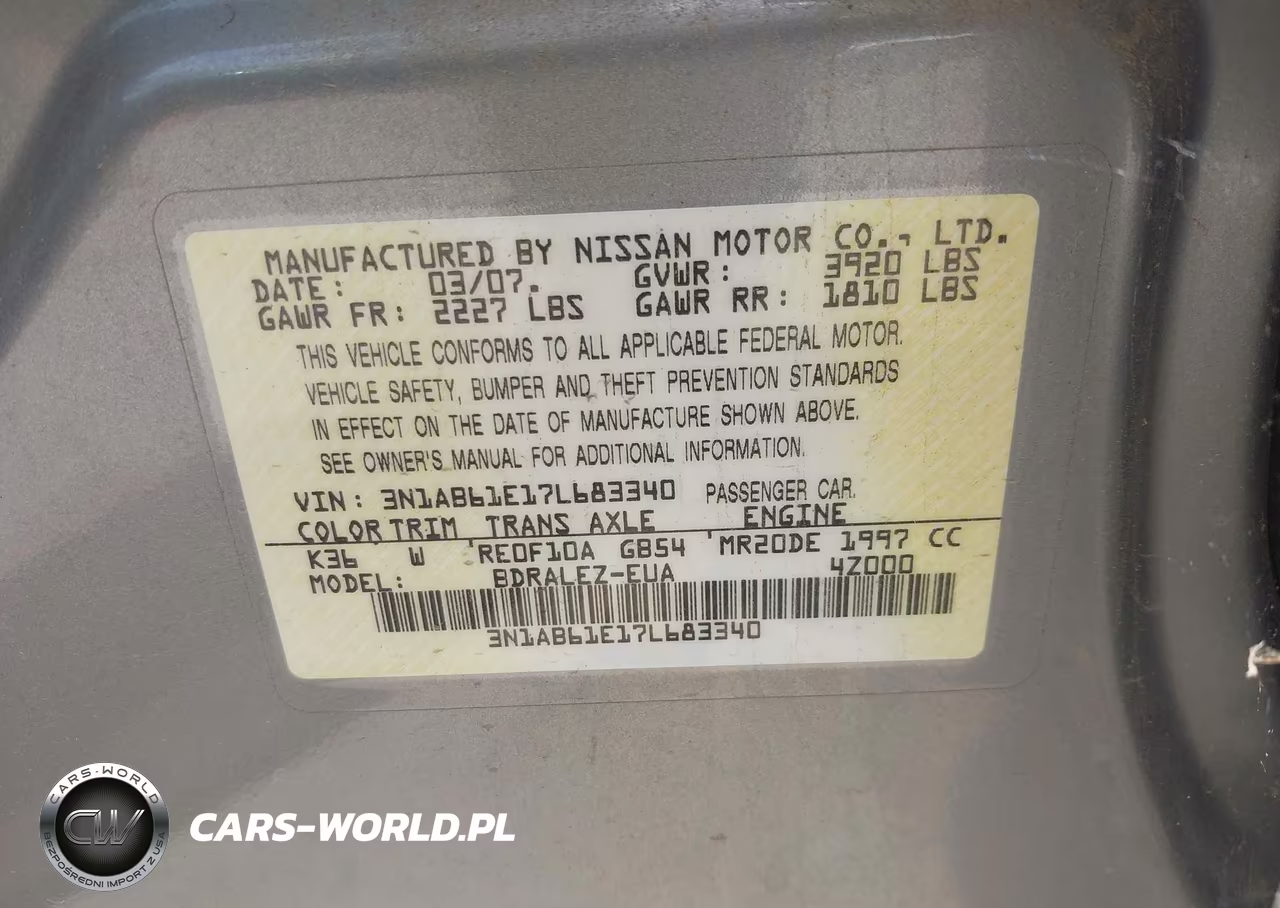 2007 Nissan Sentra 2.0S VIN:3N1AB61E17L683340 - 9