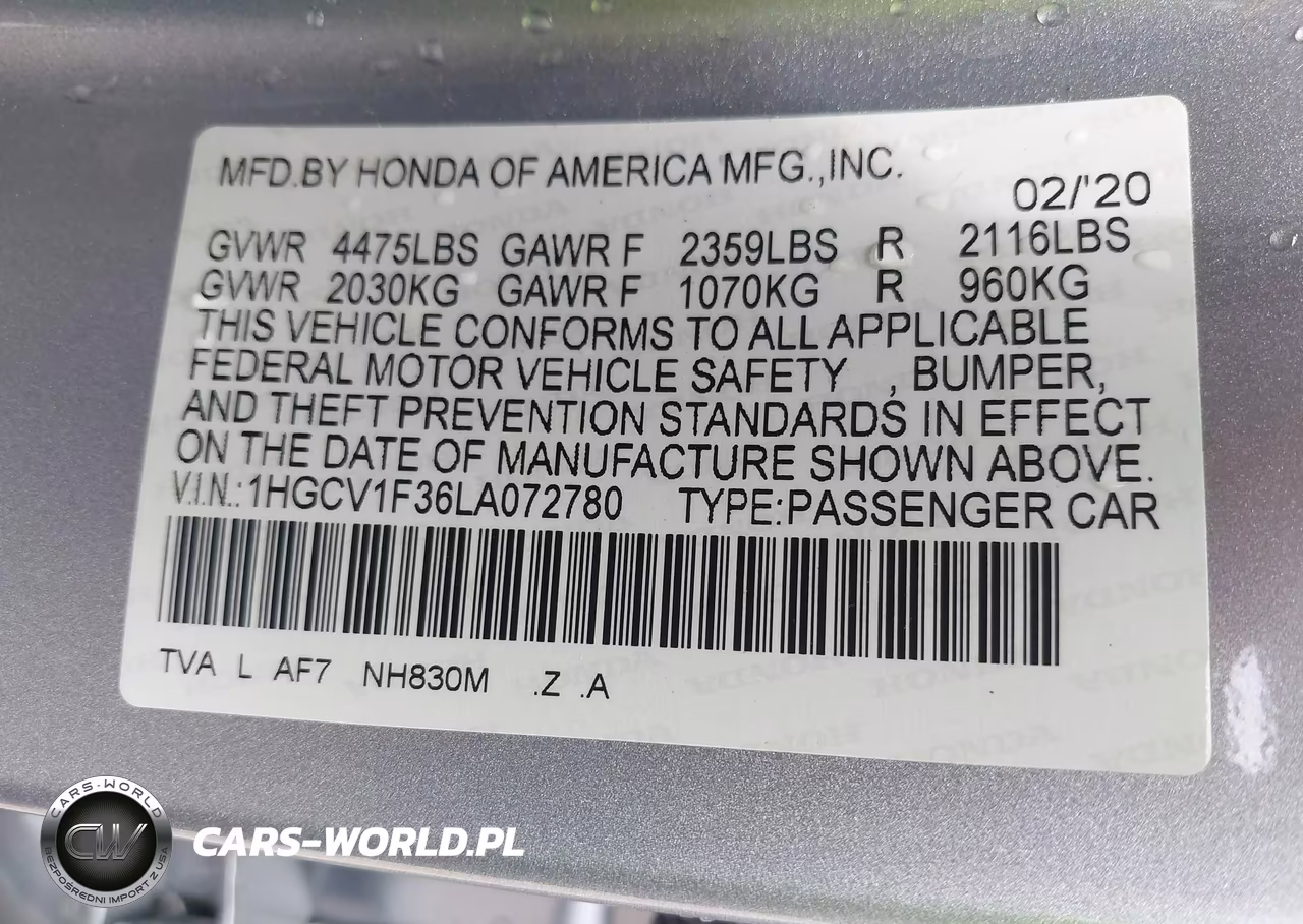 2020 Honda Accord Sport VIN:1HGCV1F36LA072780 - 9