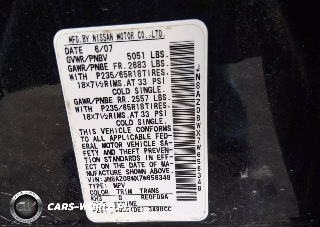 2007 Nissan Murano S VIN:JN8AZ08WX7W656348 - 9