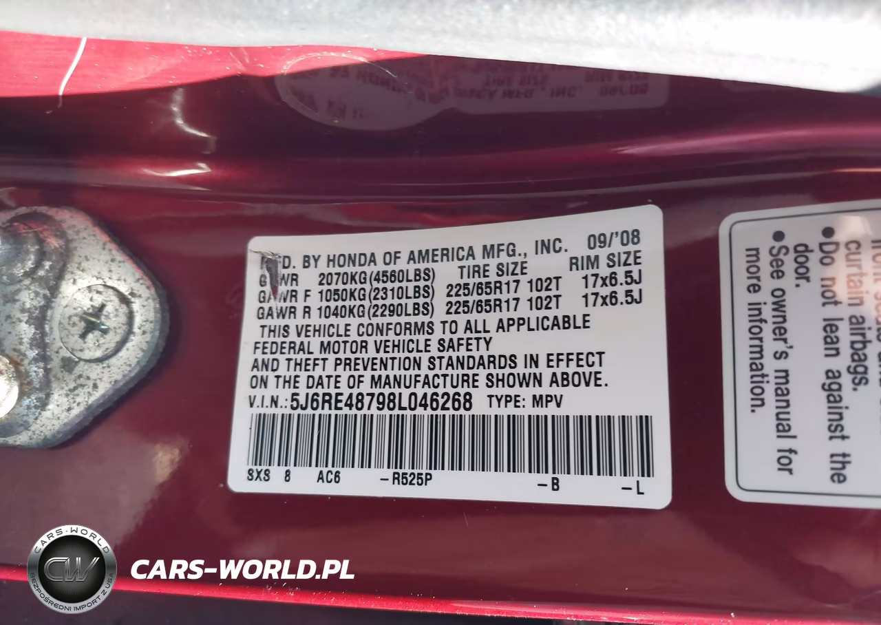 2008 Honda Cr-V Ex-L VIN:5J6RE48798L046268 - 9