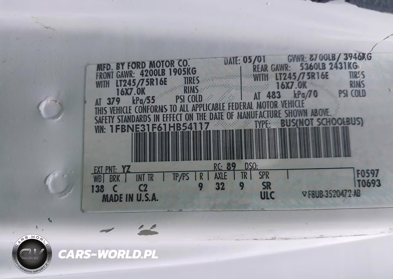 2001 Ford E-350 Super Duty Xl-Xlt VIN:1FBNE31F61HB54117 - 9