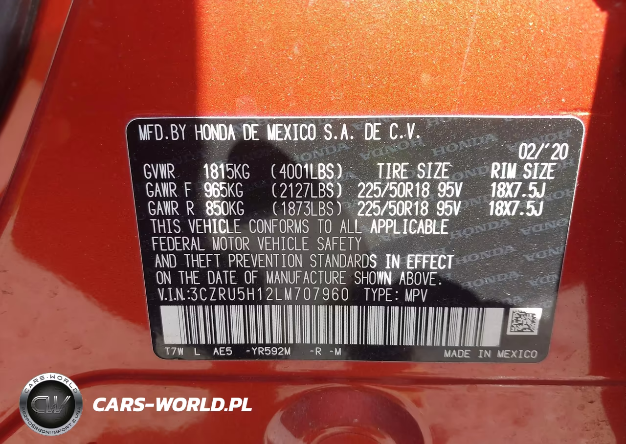 2020 Honda Hr-V 2Wd Sport VIN:3CZRU5H12LM707960 - 9