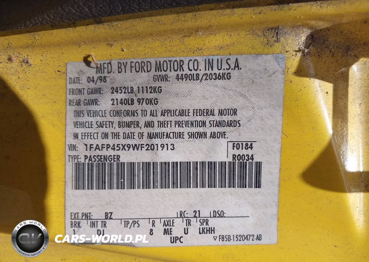 1998 Ford Mustang Gt VIN:1FAFP45X9WF201913 - 9