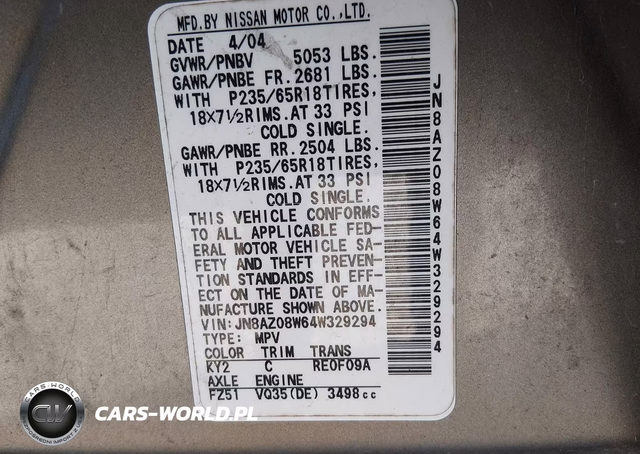 2004 Nissan Murano Sl VIN:JN8AZ08W64W329294 - 9