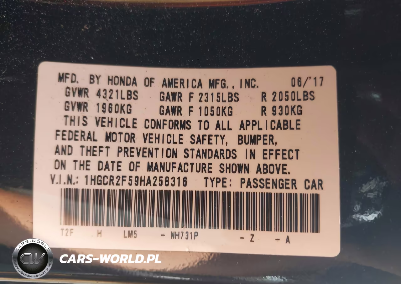 2017 Honda Accord Sport VIN:1HGCR2F59HA258316 - 9