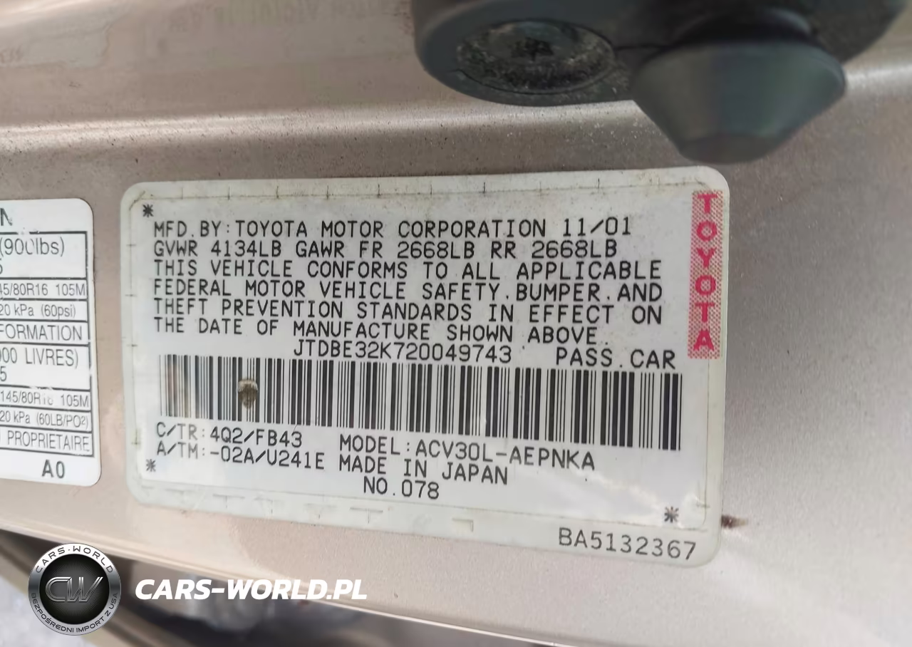 2002 Toyota Camry Le VIN:JTDBE32K720049743 - 9