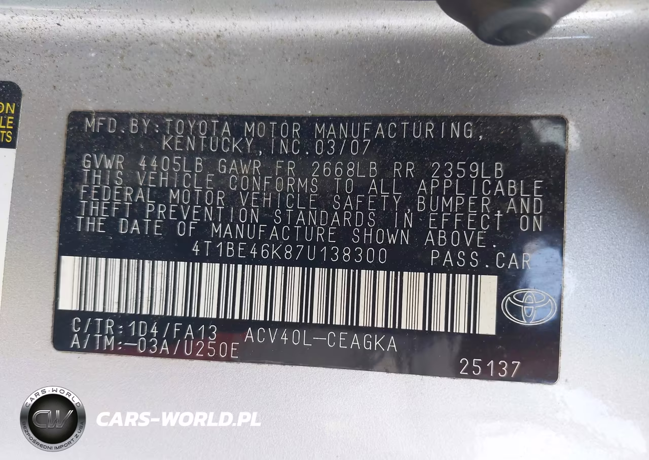 2007 Toyota Camry Xle VIN:4T1BE46K87U138300 - 9