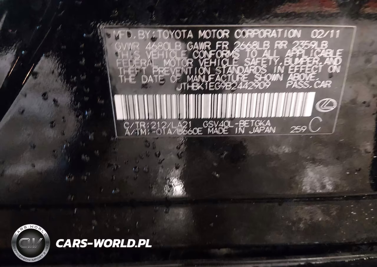 2011 Lexus Es 350 VIN:JTHBK1EG9B2442909 - 9