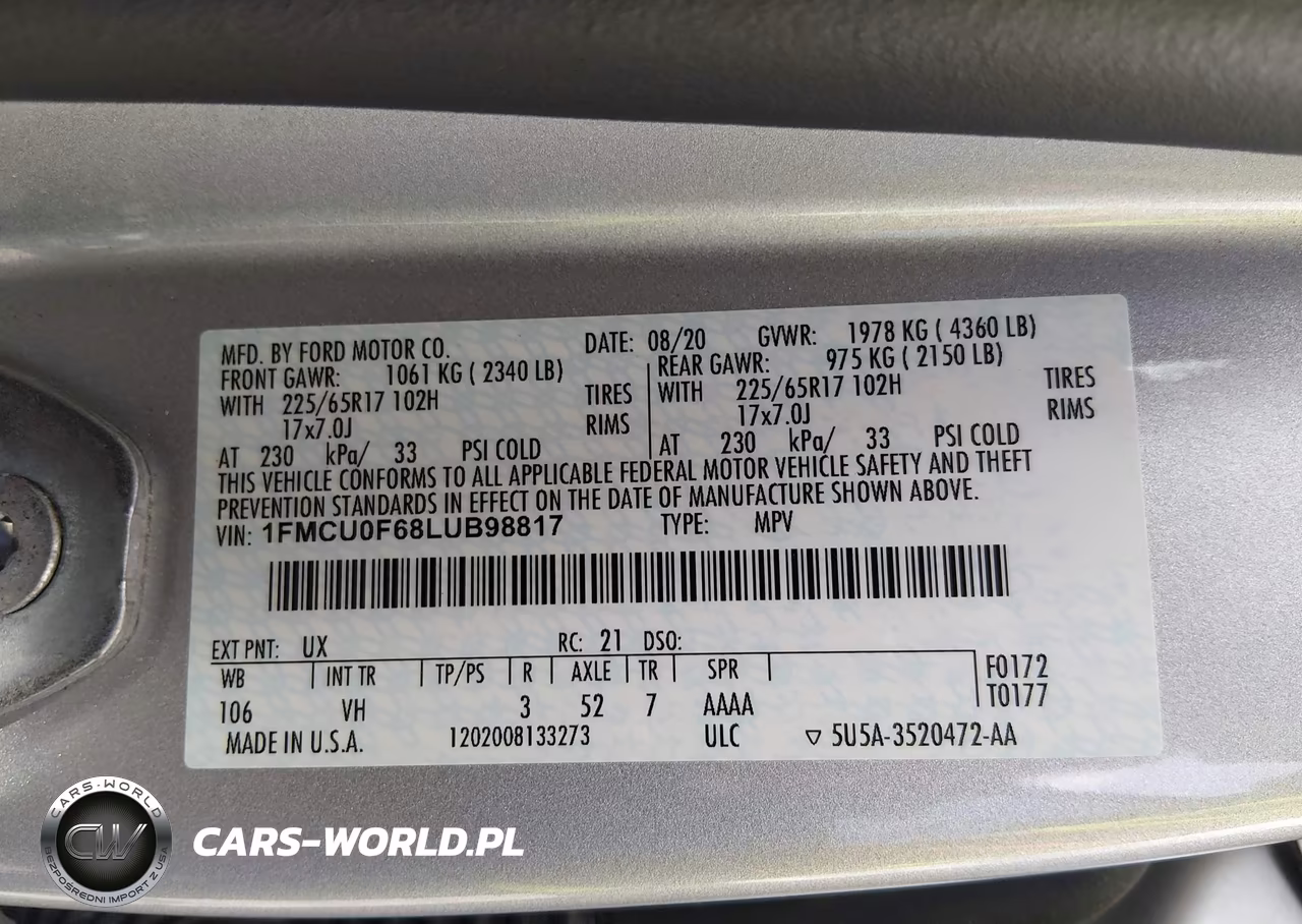 2020 Ford Escape S VIN:1FMCU0F68LUB98817 - 9