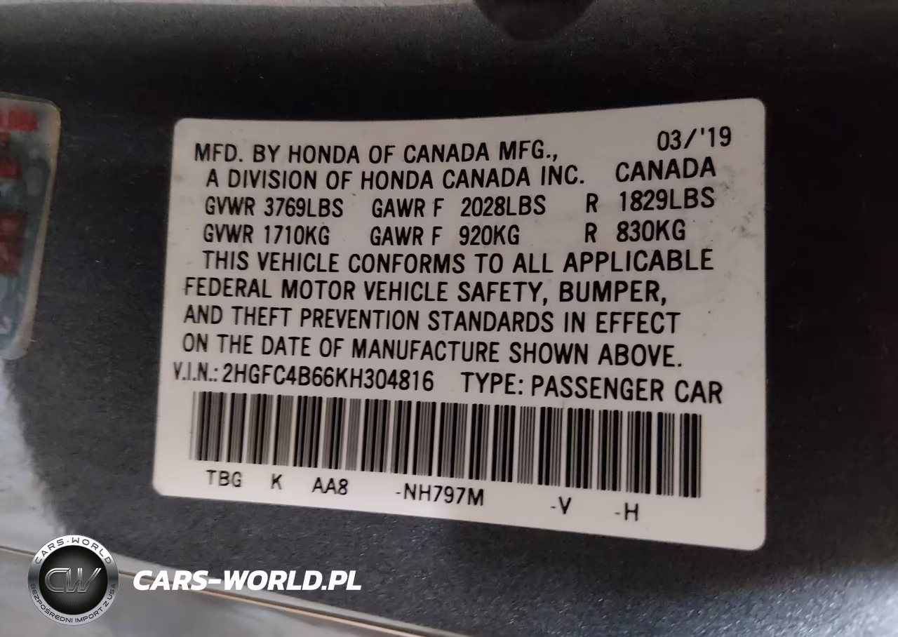 2019 Honda Civic Lx VIN:2HGFC4B66KH304816 - 9