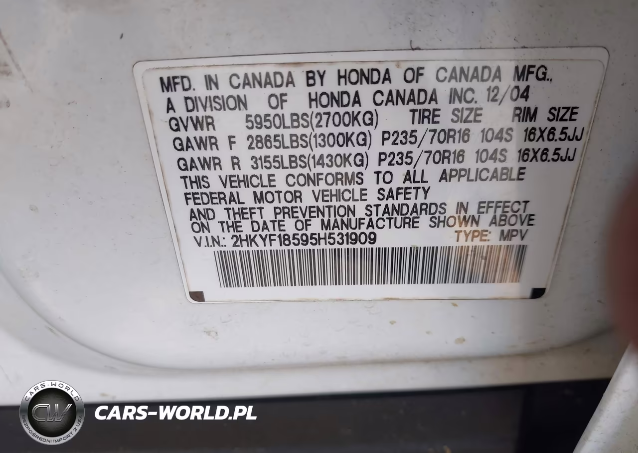 2005 Honda Pilot Ex-L VIN:2HKYF18595H531909 - 9