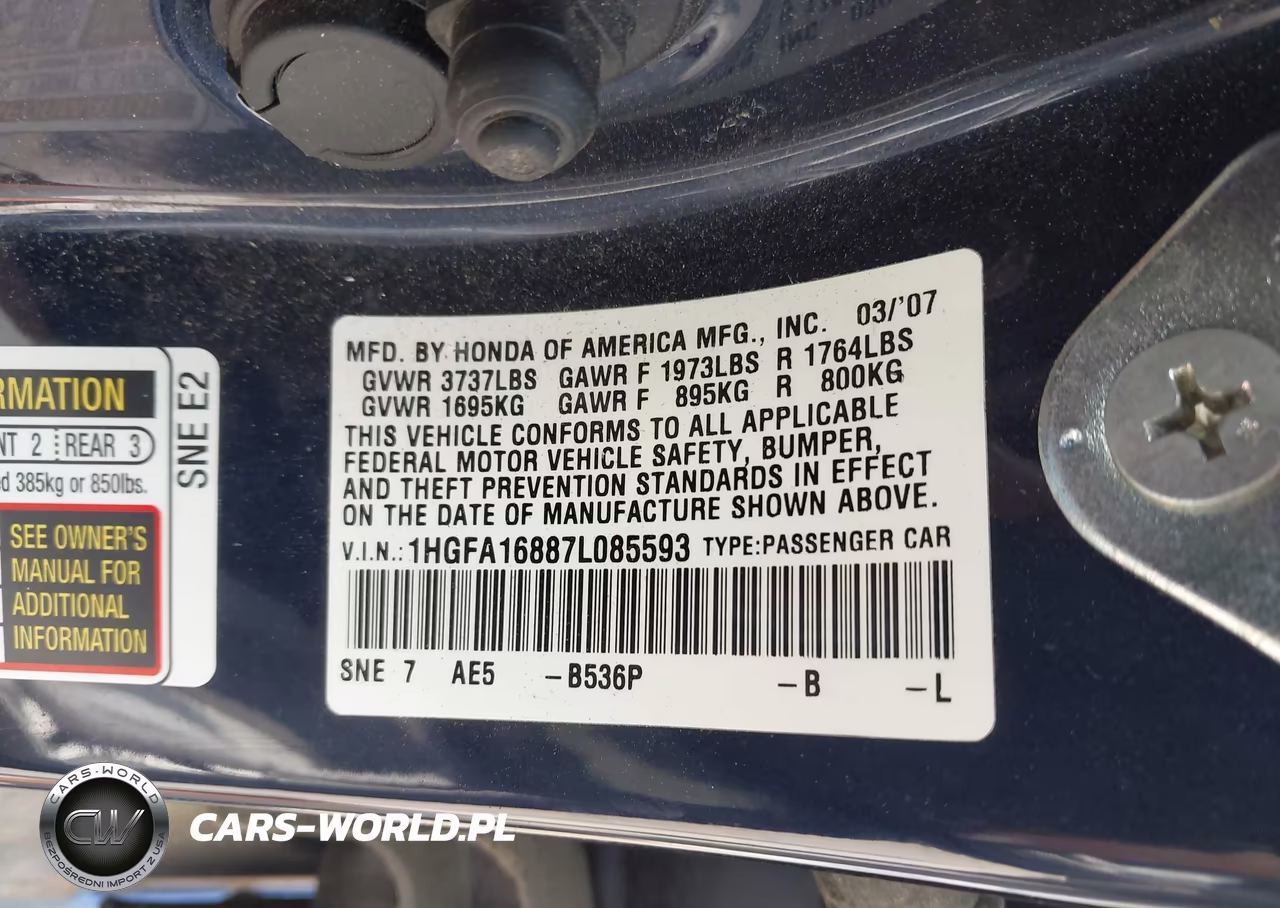 2007 Honda Civic Ex VIN:1HGFA16887L085593 - 9