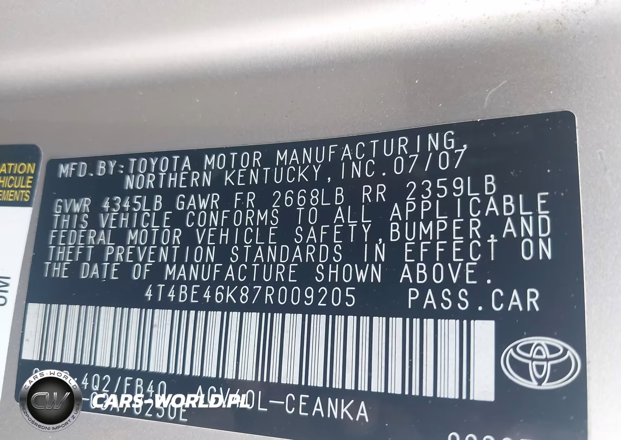 2007 Toyota Camry Ce VIN:4T4BE46K87R009205 - 9