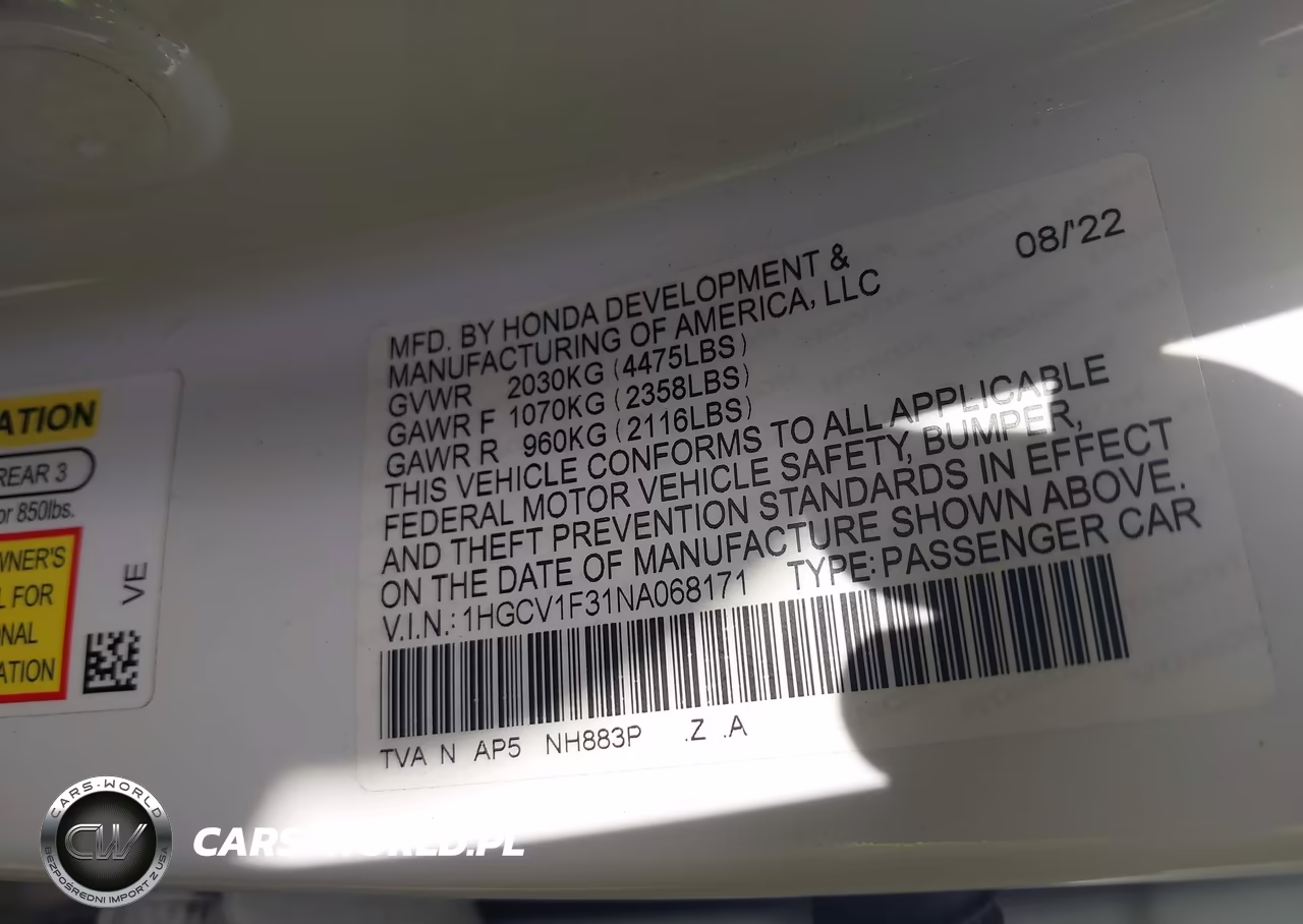2022 Honda Accord Sport VIN:1HGCV1F31NA068171 - 9
