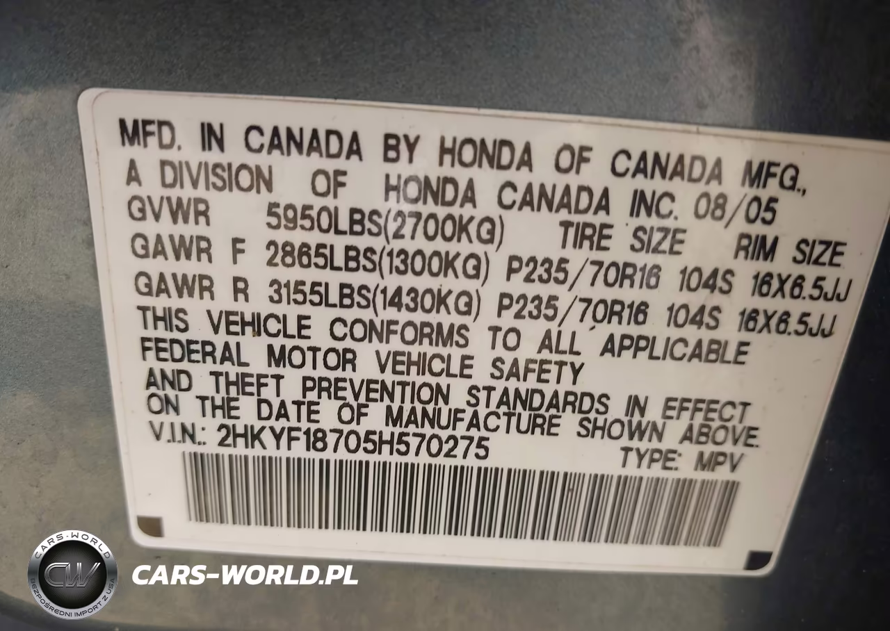 2005 Honda Pilot Ex-L VIN:2HKYF18705H570275 - 9