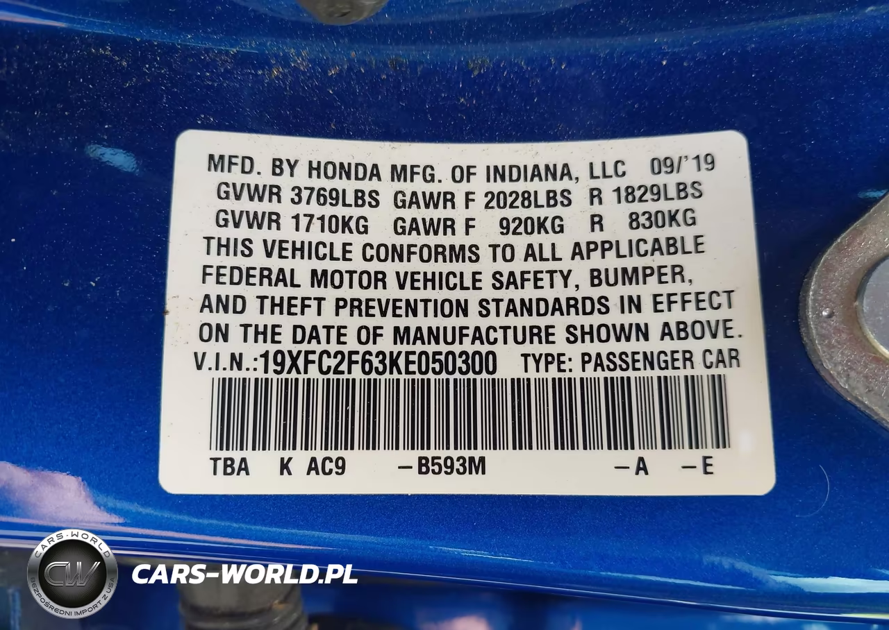 2019 Honda Civic Lx VIN:19XFC2F63KE050300 - 9