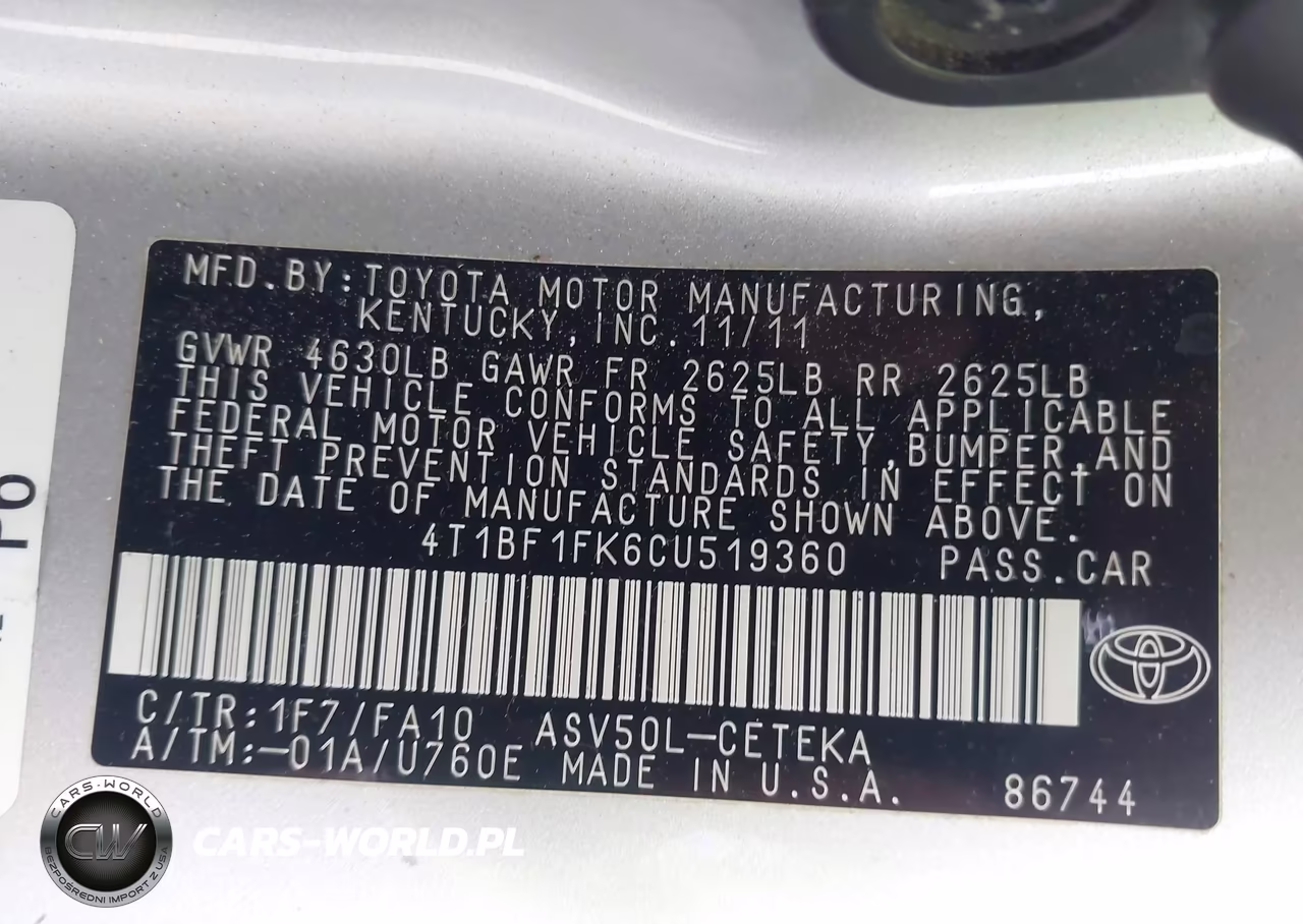2012 Toyota Camry L VIN:4T1BF1FK6CU519360 - 9