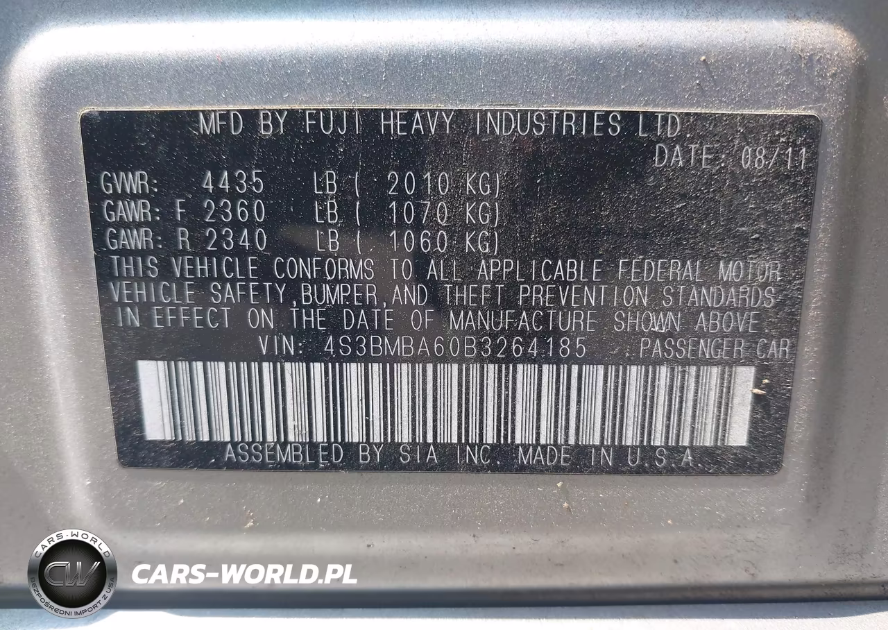 2011 Subaru Legacy 2.5I VIN:4S3BMBA60B3264185 - 9