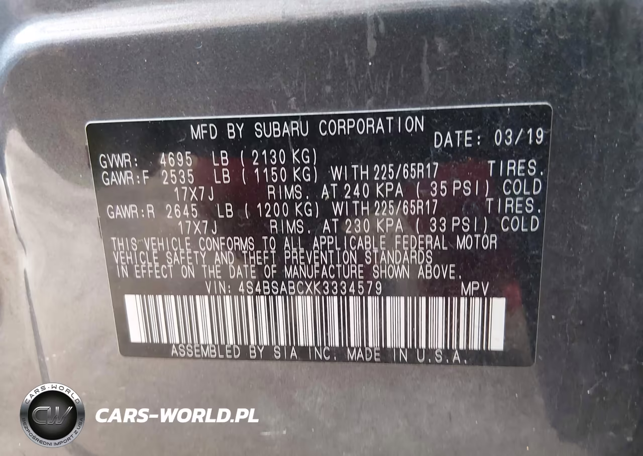 2019 Subaru Outback 2.5I VIN:4S4BSABCXK3334579 - 9