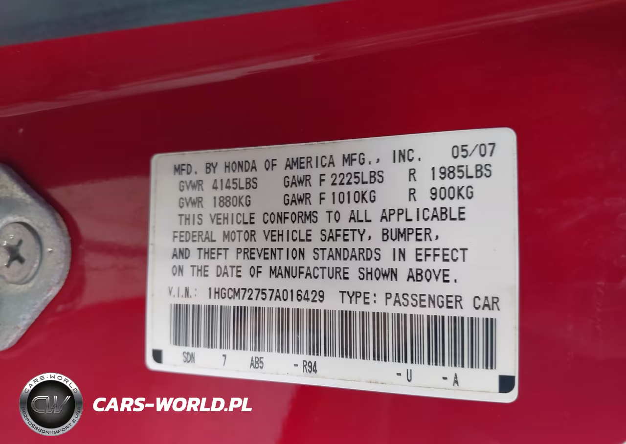2007 Honda Accord 2.4 Ex VIN:1HGCM72757A016429 - 9