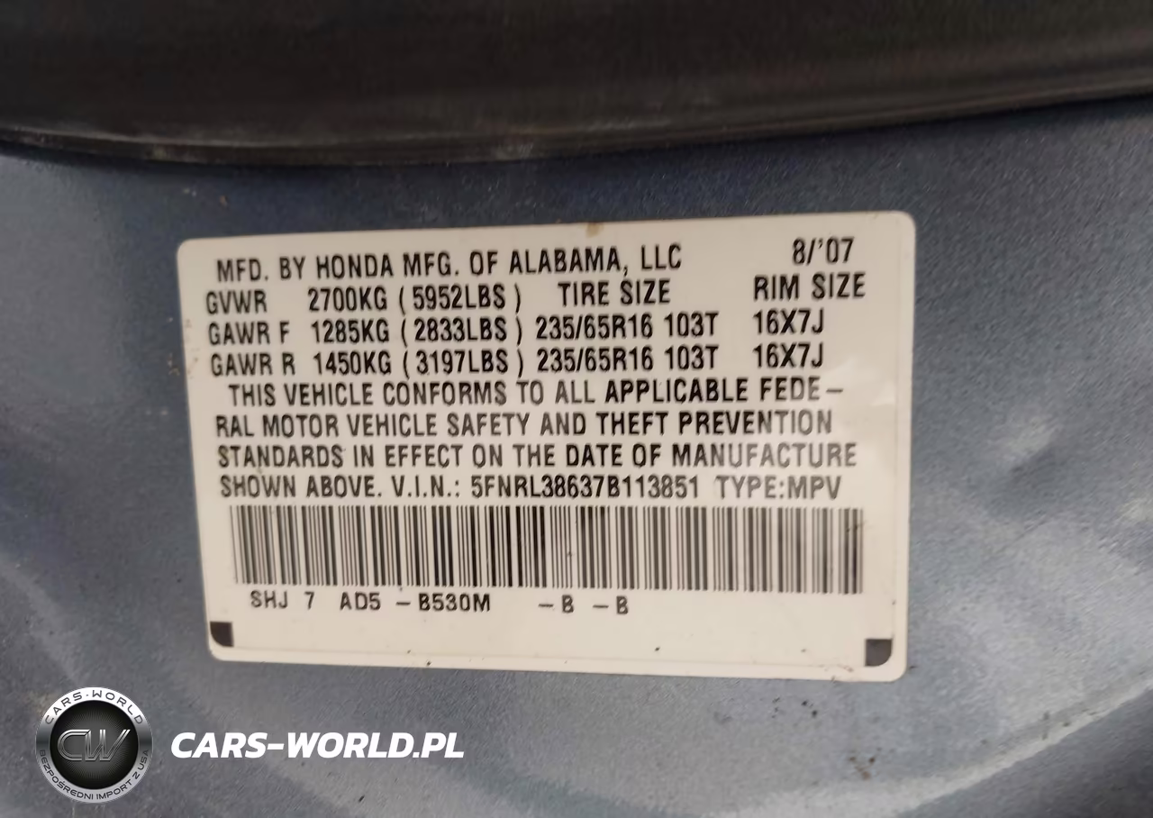 2007 Honda Odyssey Ex-L VIN:5FNRL38637B113851 - 9