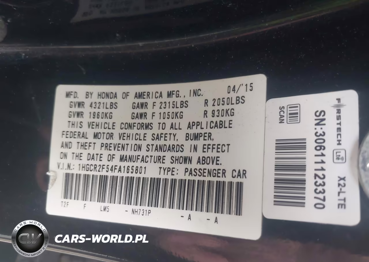 2015 Honda Accord Sport VIN:1HGCR2F54FA165801 - 9