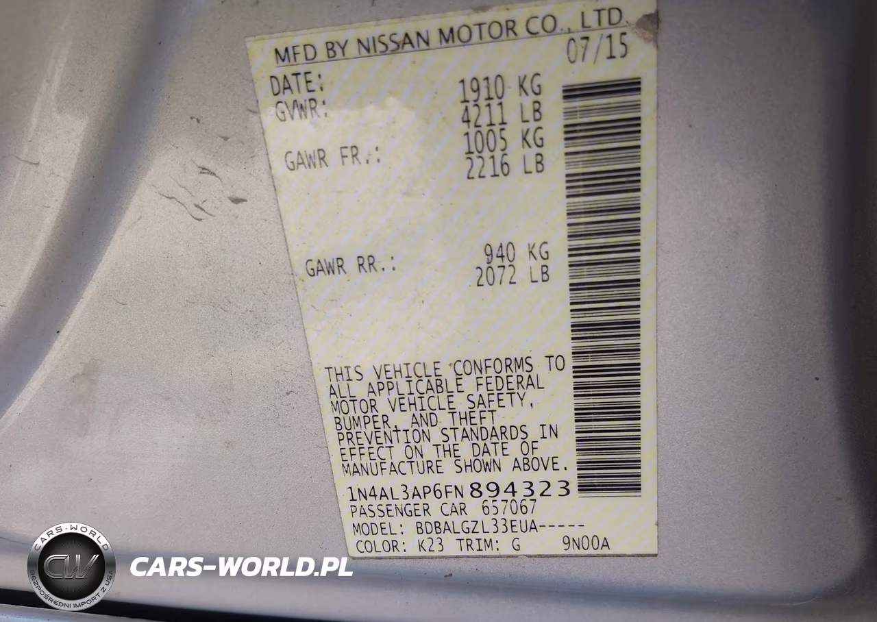 2015 Nissan Altima 2.5-2.5 S-2.5 Sl-2.5 Sv VIN:1N4AL3AP6FN894323 - 9