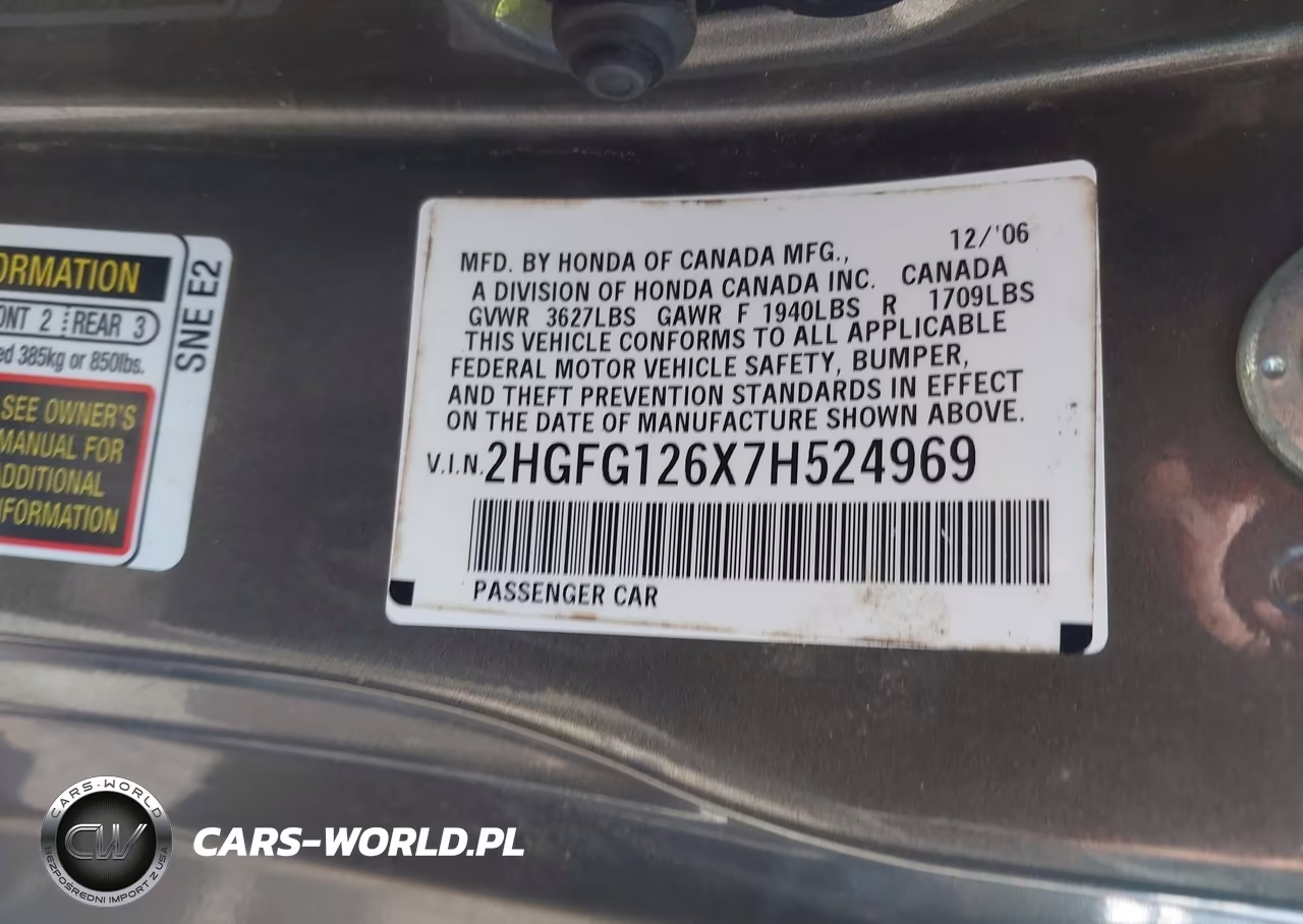 2007 Honda Civic Lx VIN:2HGFG126X7H524969 - 9