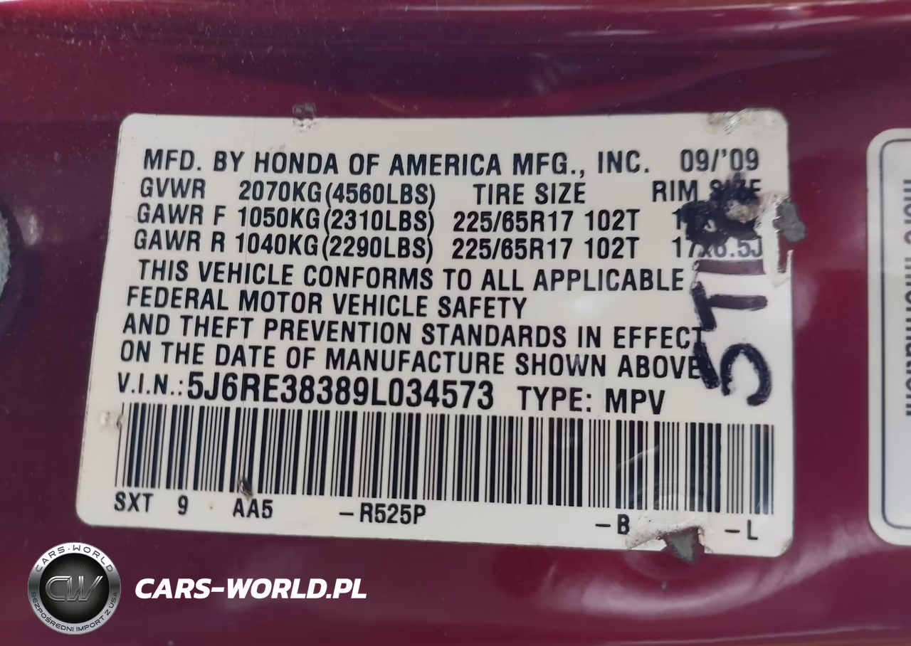 2009 Honda Cr-V Lx VIN:5J6RE38389L034573 - 9