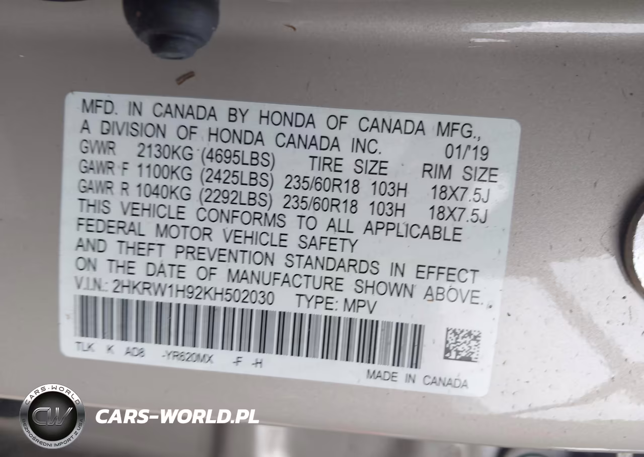 2019 Honda Cr-V Touring VIN:2HKRW1H92KH502030 - 9