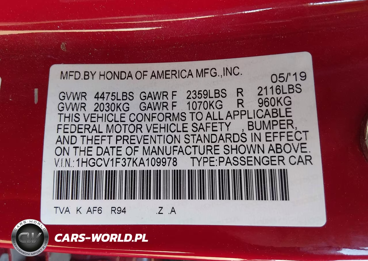 2019 Honda Accord Sport VIN:1HGCV1F37KA109978 - 9
