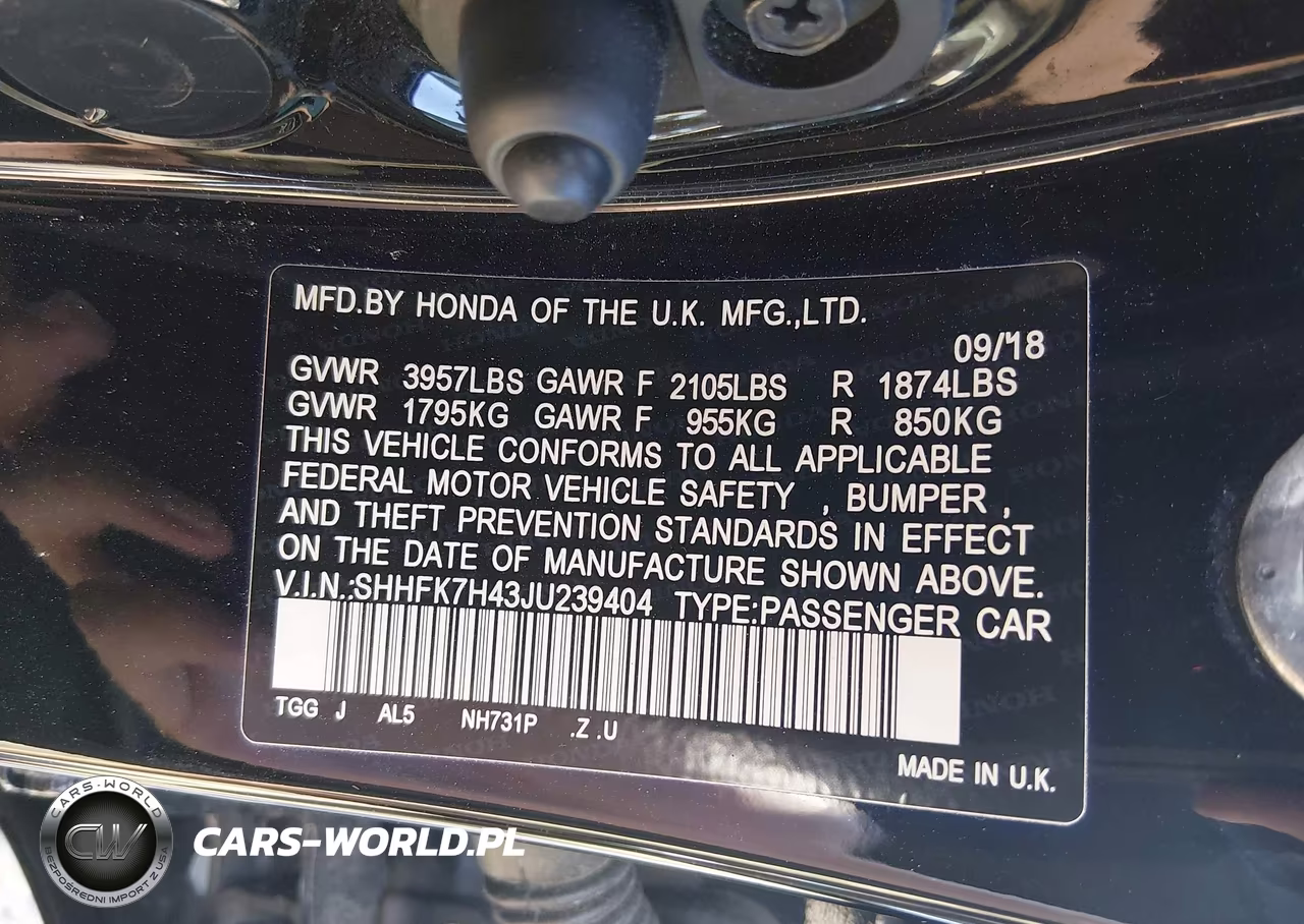 2018 Honda Civic Sport VIN:SHHFK7H43JU239404 - 9