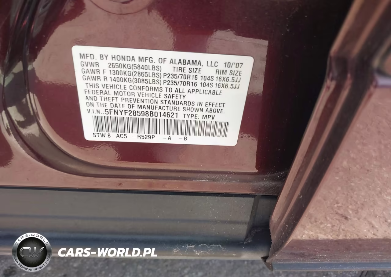2008 Honda Pilot Ex-L VIN:5FNYF28598B014621 - 9