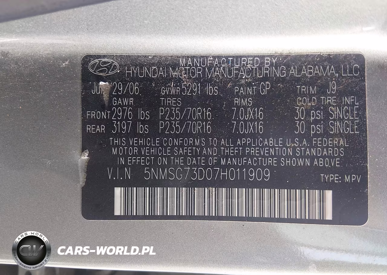 2007 Hyundai Santa Fe Gls VIN:5NMSG73D07H011909 - 9