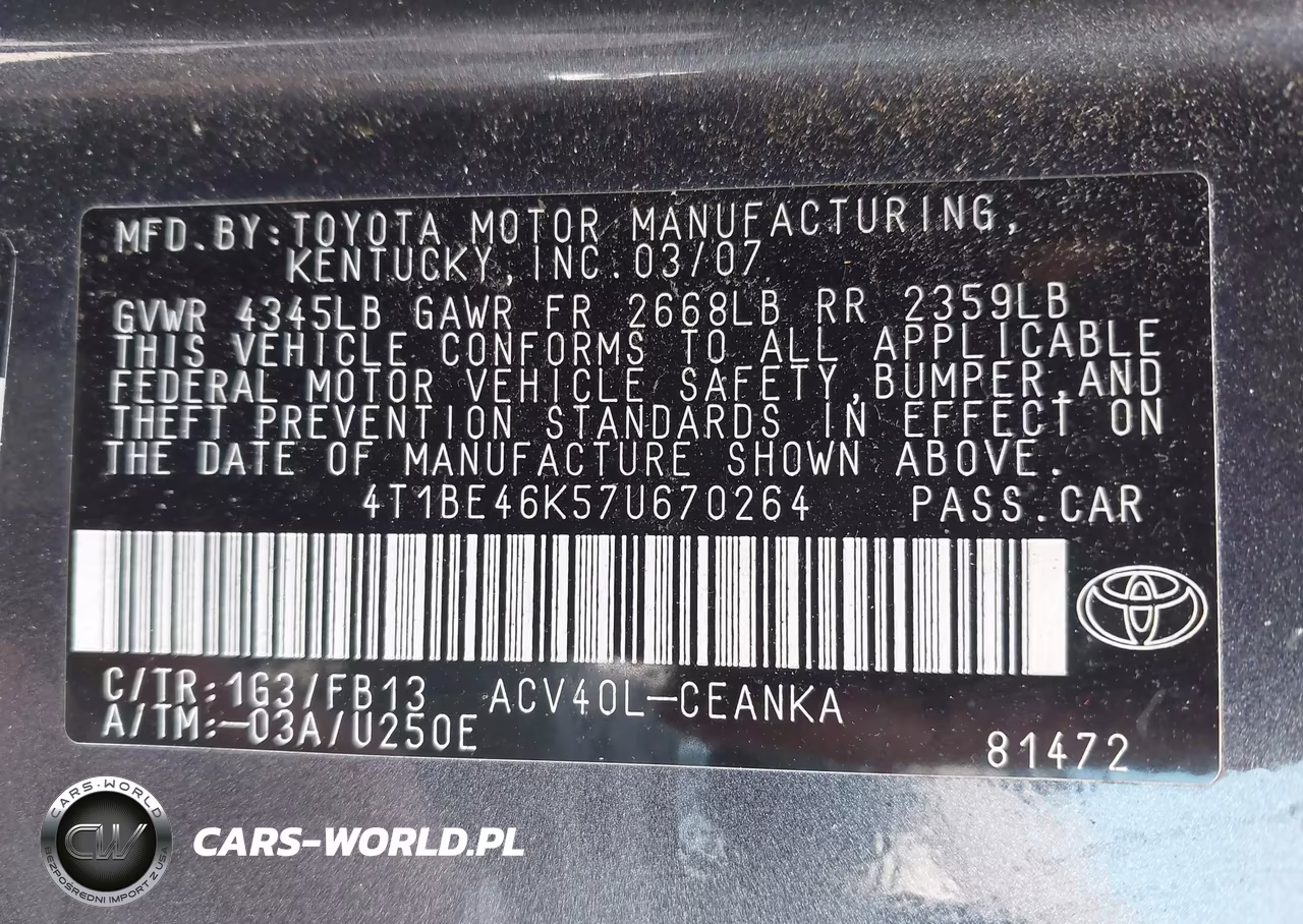 2007 Toyota Camry Le VIN:4T1BE46K57U670264 - 9