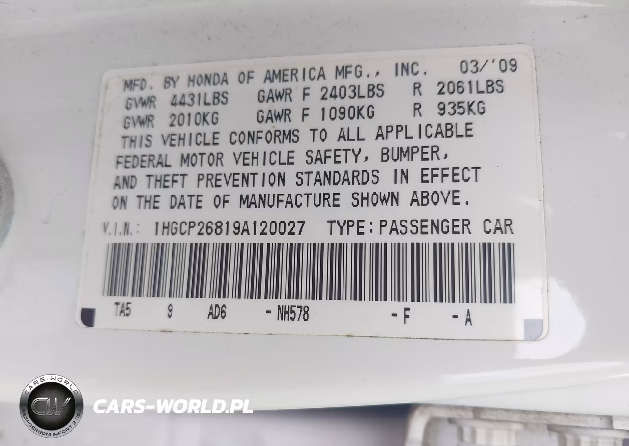 2009 Honda Accord 2.4 Ex-L VIN:1HGCP26819A120027 - 9